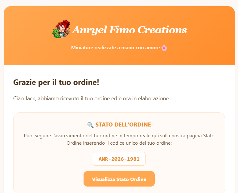 Screenshot email di conferma ordine di Anryel Fimo Creations